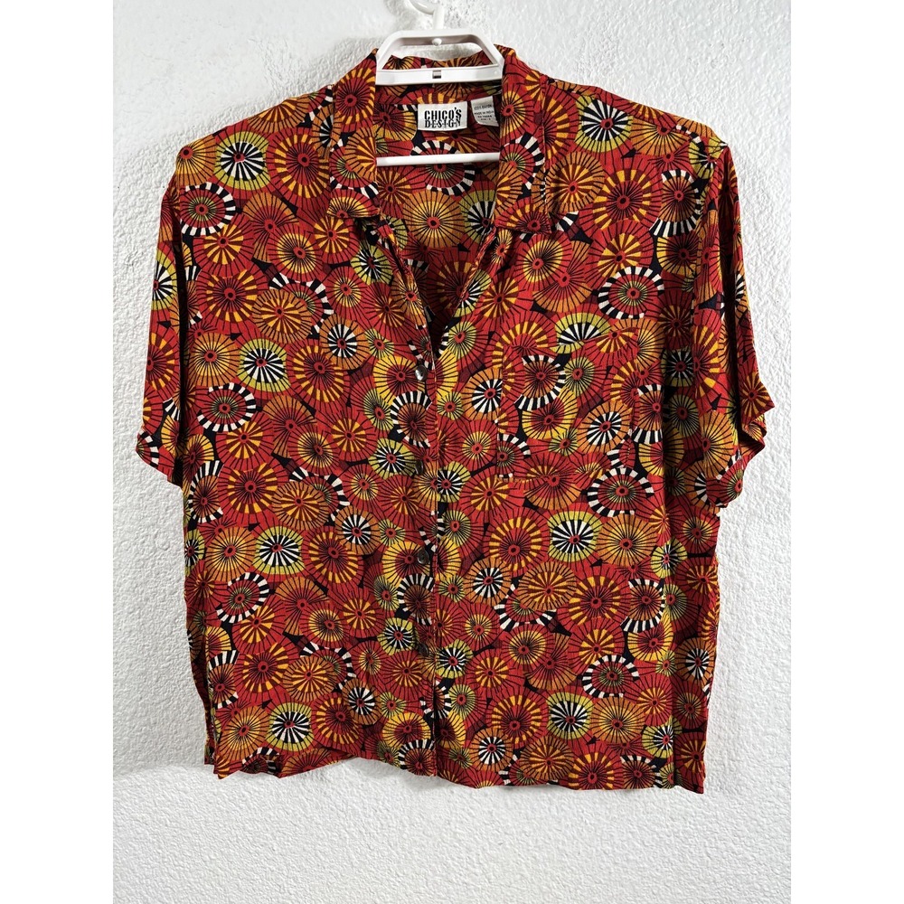 Chico's Design Blouse Womens 2 Red Psychedelic Atomic Geometric Short Sleeve Top